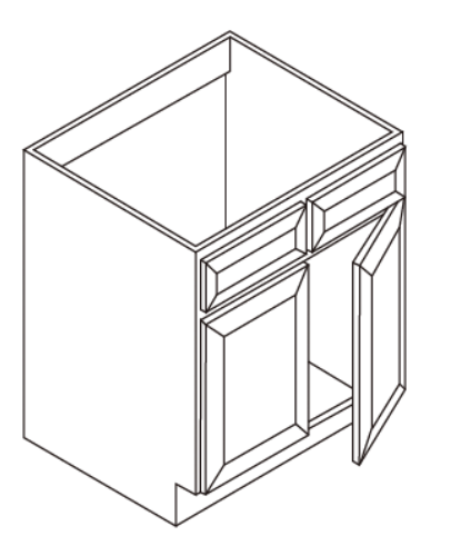 3D sketch of a cabinet with open doors and drawers.